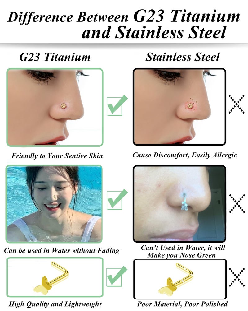 Tornito 15Pcs G23 Titanium Nose Rings Stud L Shaped Star Heart CZ Flower Butterfly Ball Nose Stud Pure Titanium Nostril Piercing Jewelry for Women Men 20G Silver Tone - Image 3
