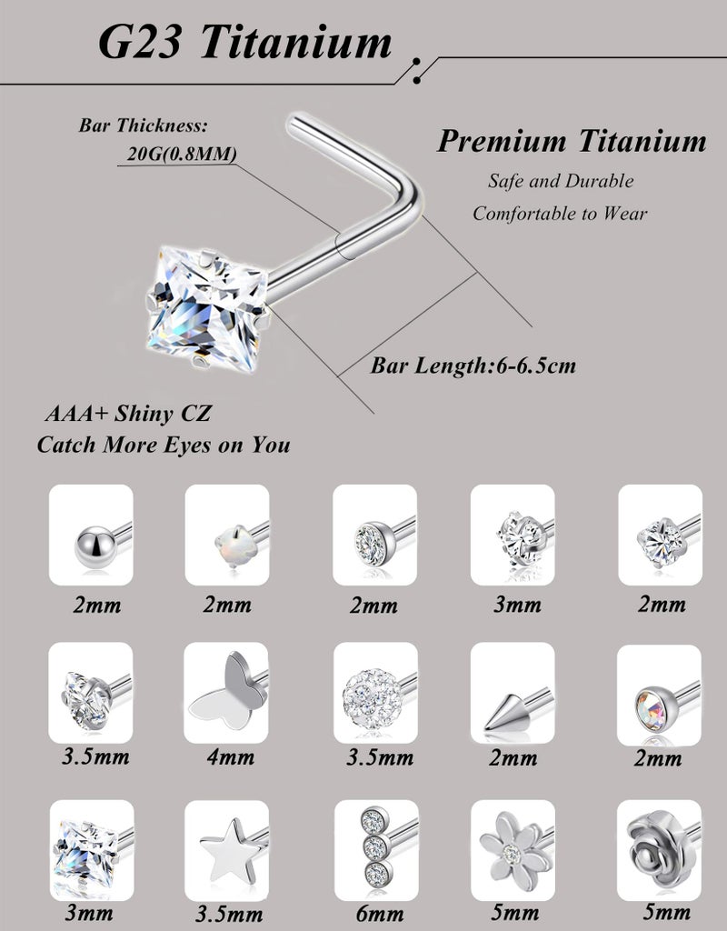 Tornito 15Pcs G23 Titanium Nose Rings Stud L Shaped Star Heart CZ Flower Butterfly Ball Nose Stud Pure Titanium Nostril Piercing Jewelry for Women Men 20G Silver Tone - Image 2