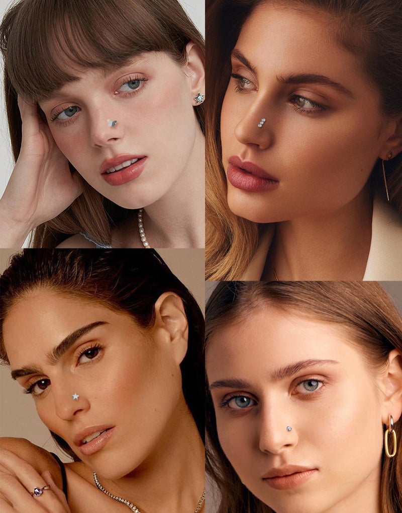 Tornito 15Pcs G23 Titanium Nose Rings Stud L Shaped Star Heart CZ Flower Butterfly Ball Nose Stud Pure Titanium Nostril Piercing Jewelry for Women Men 20G Silver Tone - Image 4
