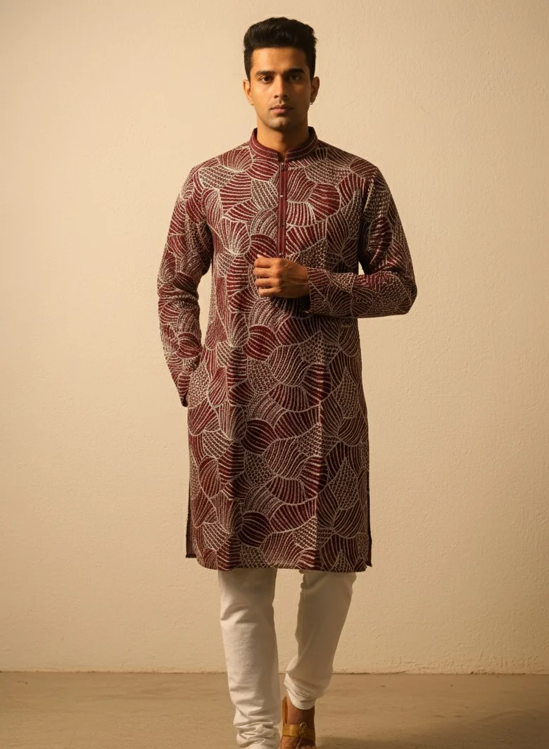 Lehar Men's Maroon Designer Kurta Set with All-Over Abstract Embroidery