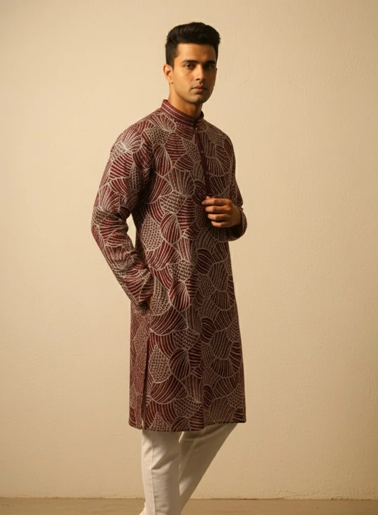 Lehar Men's Maroon Designer Kurta Set with All-Over Abstract Embroidery
