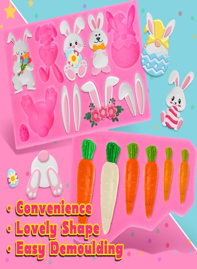 Whaline 2Pcs Easter Fondant Molds Cute Bunny Pattern 3D Silicone Moulds Assorted Rabbit Carrots Flowers Resin Molds Easter Cupcake Cookie Baking Decorating Moulds for Spring Holiday Party DIY Candy - Image 3