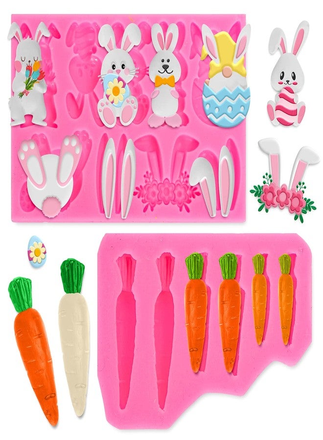 Whaline 2Pcs Easter Fondant Molds Cute Bunny Pattern 3D Silicone Moulds Assorted Rabbit Carrots Flowers Resin Molds Easter Cupcake Cookie Baking Decorating Moulds for Spring Holiday Party DIY Candy - Image 1