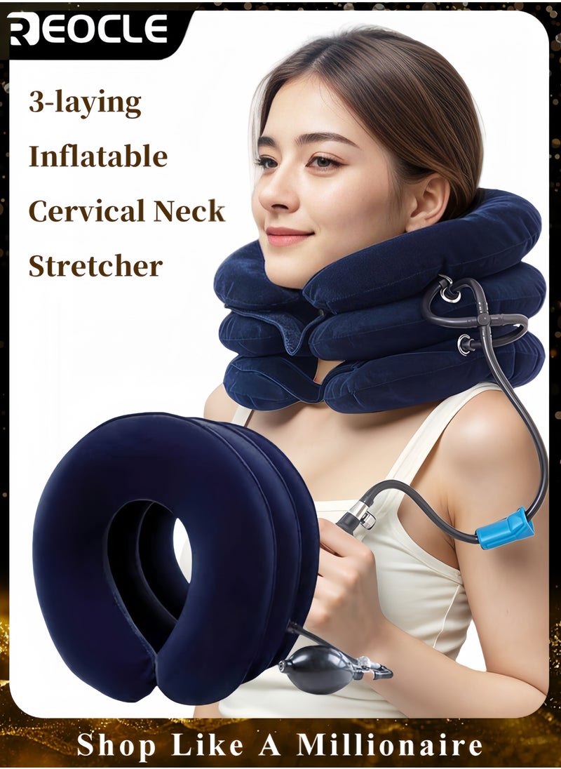 REOCLE Cervical Neck Traction Device Adjustable Neck Stretcher 3-laying Inflatable Neck Support with Pressure Gauge for Instant Neck Pain Relief and Neck Decompression  - Image 1
