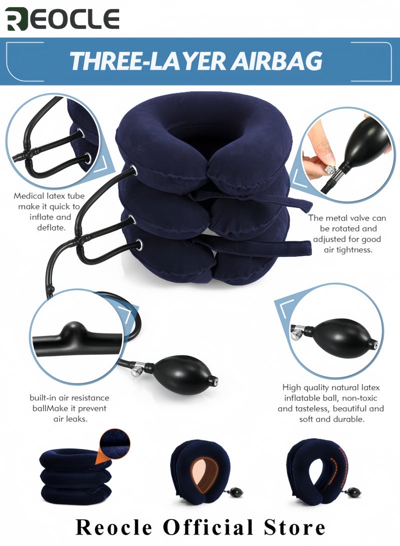 Cervical Neck Traction Device Adjustable Neck Stretcher 3-laying Inflatable Neck Support with Pressure Gauge for Instant Neck Pain Relief and Neck Decompression