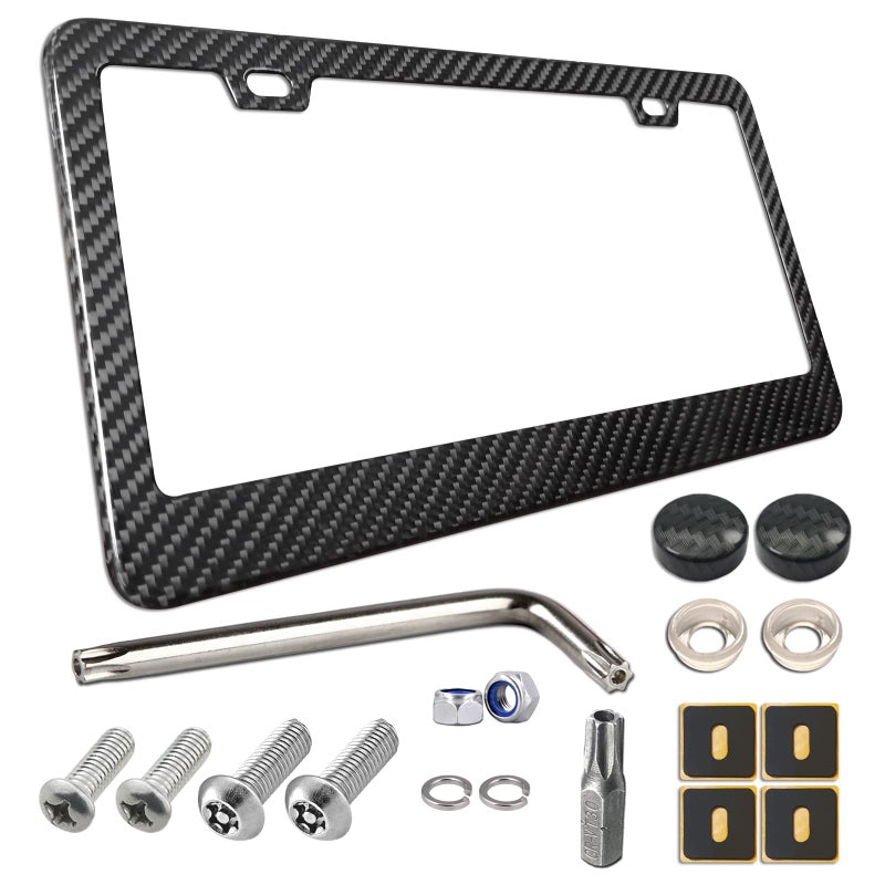 BGGTMO Carbon Fiber License Plate Frame 100 Real Carbon Fiber Overlays Stainless Steel License Plate Frames Stainless Steel AntiTheft License Plate Screws 1PC Black Gloss Plate Frame