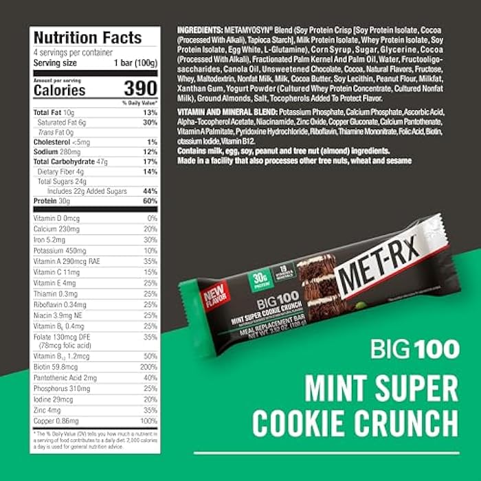 MET-Rx Big 100 Colossal Protein Bars, Mint Super Cookie Crunch, Meal Replacement Bars, 4 Count - Image 2