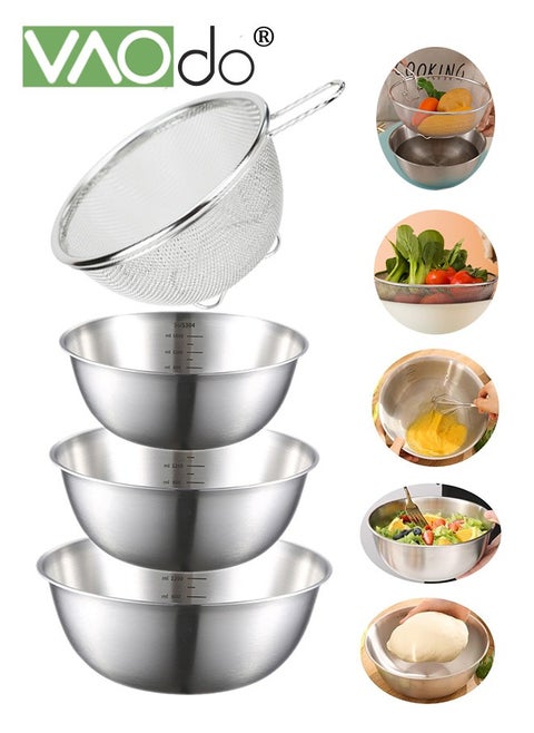 Mixing Bowl and Colander Stainless Steel Bowl for Salad Pasta Mixing Dough Baking Colander for Cooking Sifter Strainer Sliver