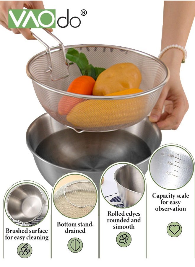 Mixing Bowl and Colander Stainless Steel Bowl for Salad Pasta Mixing Dough Baking Colander for Cooking Sifter Strainer Sliver