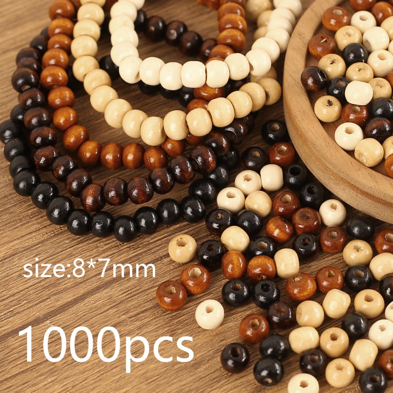 HERZWILD 1000Pcs Natural Colors Wooden Beads Vintage Round Natural Brown Wooden Beads Large Hole Wood Hair Bead for Macrame Rosary Bracelet Jewelry Craft Making (7 * 8mm) - Image 2