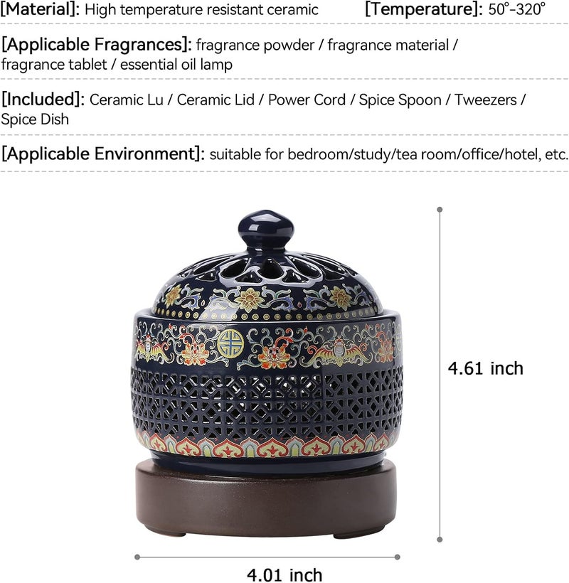 ISSNW Ceramic Holder Electric Incense Burner Enamel Built-in LED Lights Simulate Flames, Classical, Elegant and High-end Hollow Design - Image 2
