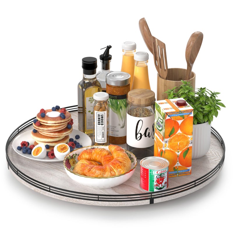 AMH 21" Lazy Susan Wood Turntable Organizer for Kitchen Decor, Farmhouse Round Wooden Lazy Susan Organization and Storage for Cabinet, Dining Table, Bathroom, Countertop,Centerpiece, Home Decor Whitewased - Image 1