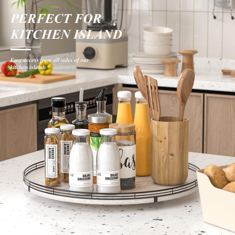 AMH 21" Lazy Susan Wood Turntable Organizer for Kitchen Decor, Farmhouse Round Wooden Lazy Susan Organization and Storage for Cabinet, Dining Table, Bathroom, Countertop,Centerpiece, Home Decor Whitewased - Image 2