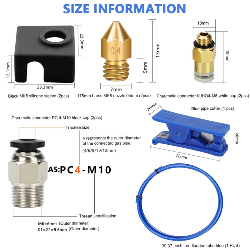 HASTHIP ® Upgrade 3D Printer Kit with Capricorn Premium XS Bowden Tubing 1M, PTFE Teflon Tube Cutter, Pneumatic Fittings and MK8 Socks and Extra Nozzles for Ender 3/3 Pro/ 5/ Vyper/Voxelab Aquila - Image 2