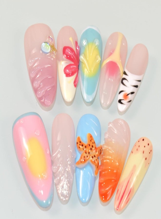 LIFOOST Handmade Press On Nails Long Almond Island Vacation Style Acrylic False Nails with 3D Starfish Seashells Design Reusable Stick On 10PCS, Size M - Image 2