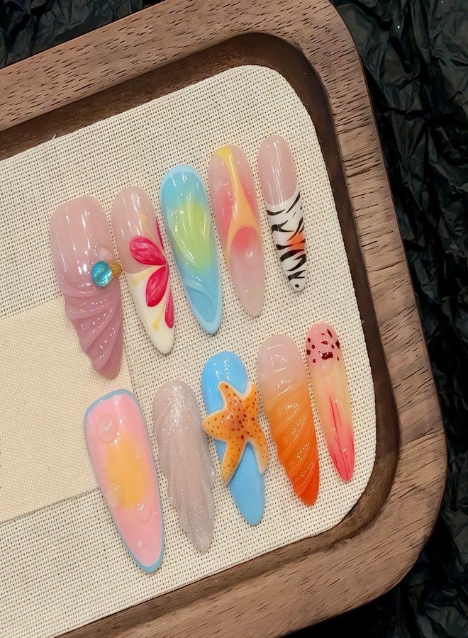 LIFOOST Handmade Press On Nails Long Almond Island Vacation Style Acrylic False Nails with 3D Starfish Seashells Design Reusable Stick On 10PCS, Size M - Image 4
