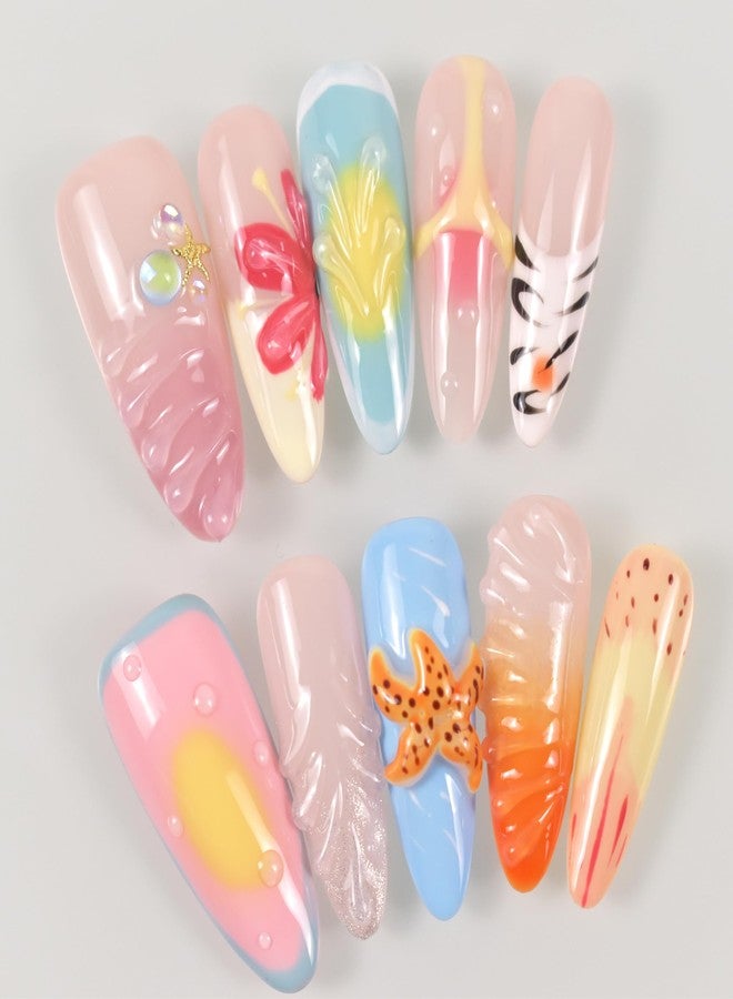 LIFOOST Handmade Press On Nails Long Almond Island Vacation Style Acrylic False Nails with 3D Starfish Seashells Design Reusable Stick On 10PCS, Size M - Image 3