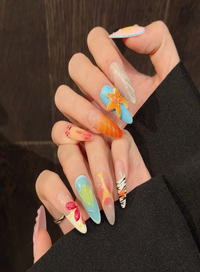 LIFOOST Handmade Press On Nails Long Almond Island Vacation Style Acrylic False Nails with 3D Starfish Seashells Design Reusable Stick On 10PCS, Size M - Image 5