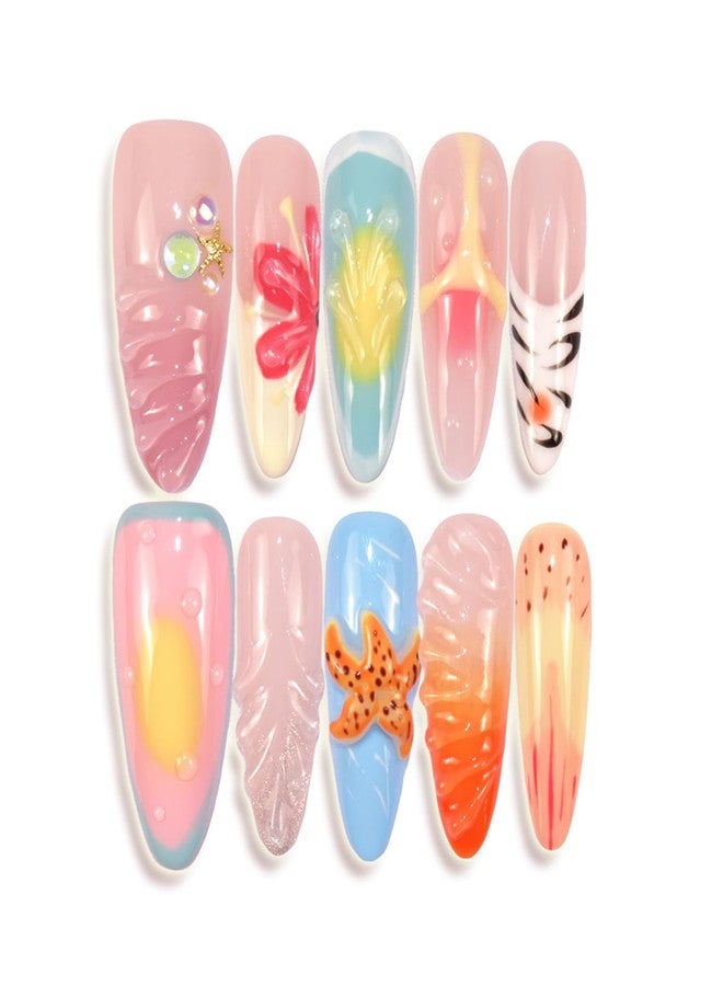 LIFOOST Handmade Press On Nails Long Almond Island Vacation Style Acrylic False Nails with 3D Starfish Seashells Design Reusable Stick On 10PCS, Size M - Image 1