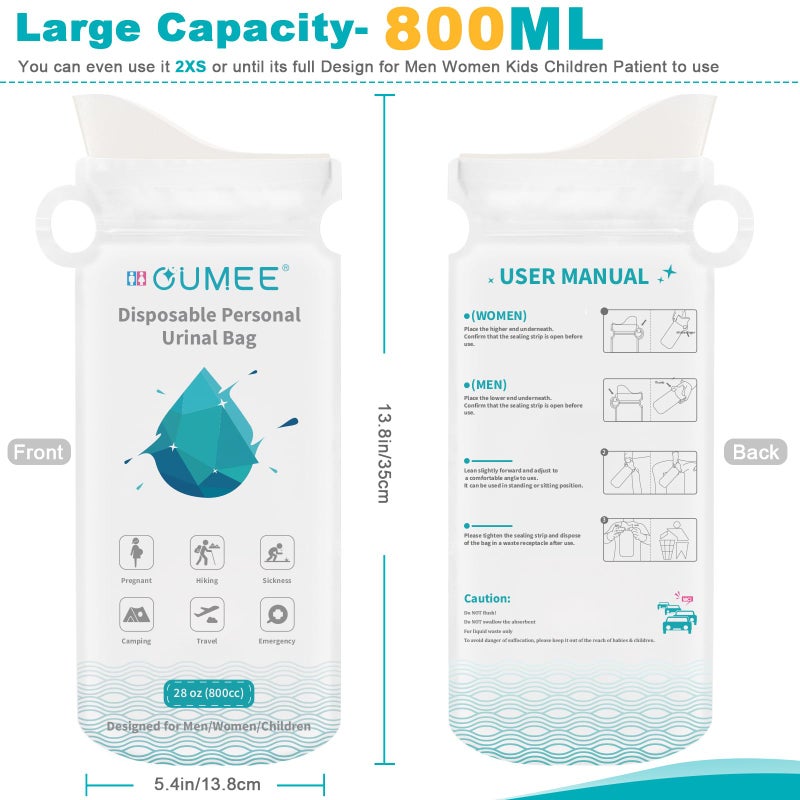 OUMEE 800ML Emergency Disposable Urinal Bags, 8/12/20/23/28 Pcs Camping Pee Bags Unisex Urine Bag Vomit Bag for Travel Traffic Jam Portable Toilet Bag for Men Women(8) - Image 3