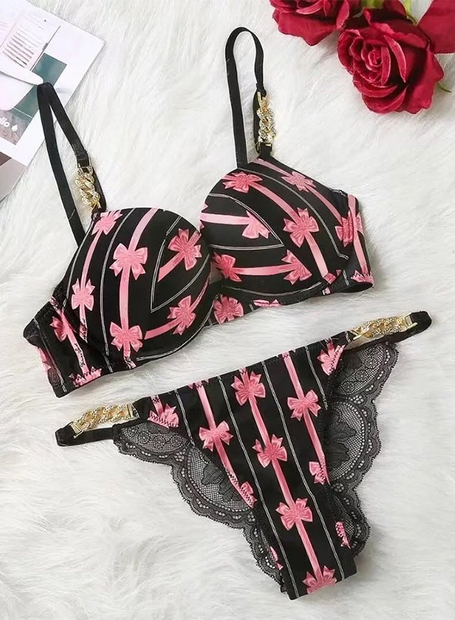 MARGOUN Women 34C Size Push Up Bra Set Soft Breathable Transparent Lace Panties Lingerie Suit Adjustable Women Underwear Pink Print - Image 1