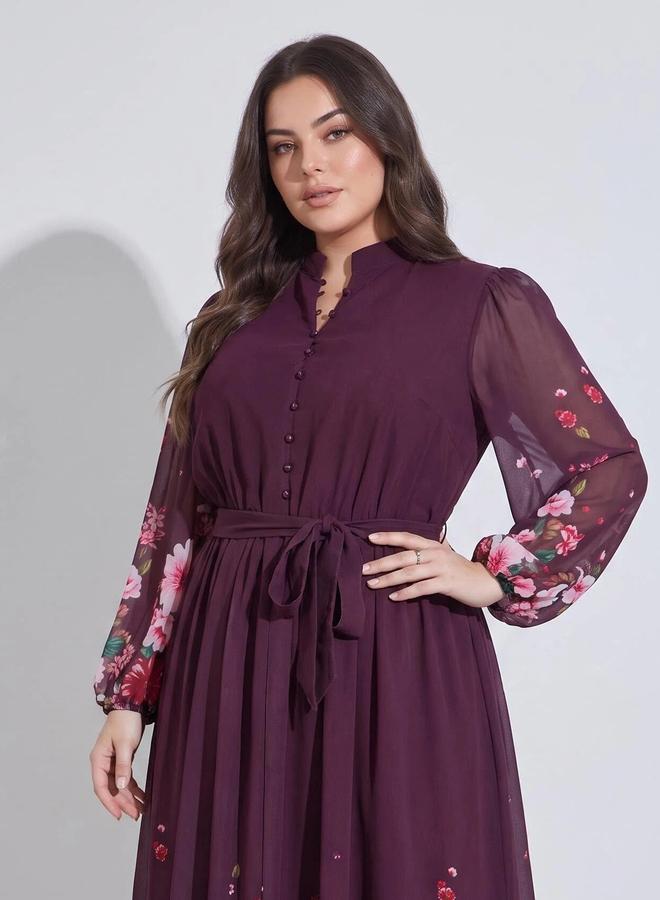 Styli Plus Size Multi-Color Floral Print Tie-Up Waist A-Line Maxi Dress - Image 2