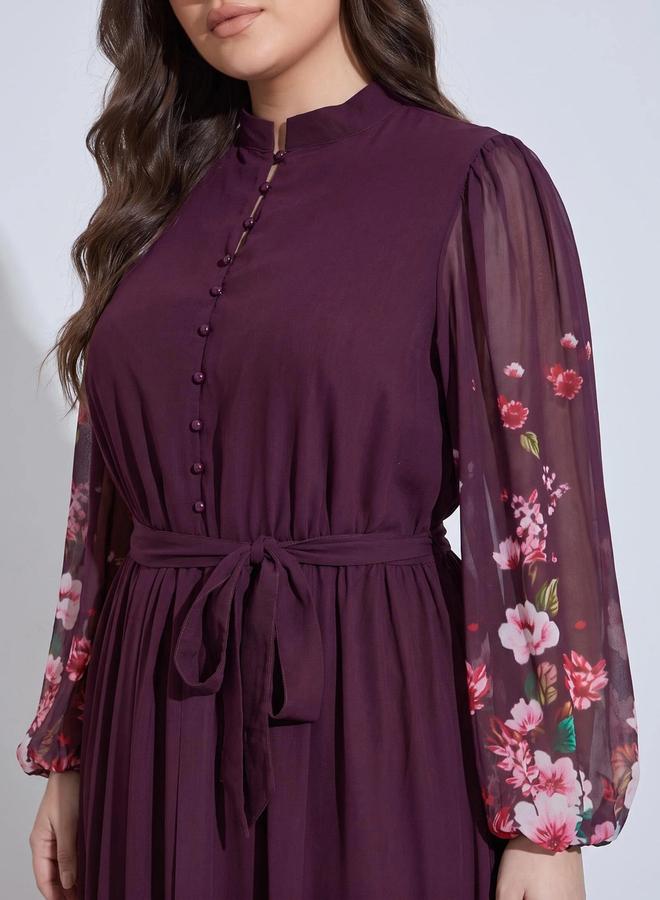 Styli Plus Size Multi-Color Floral Print Tie-Up Waist A-Line Maxi Dress - Image 3