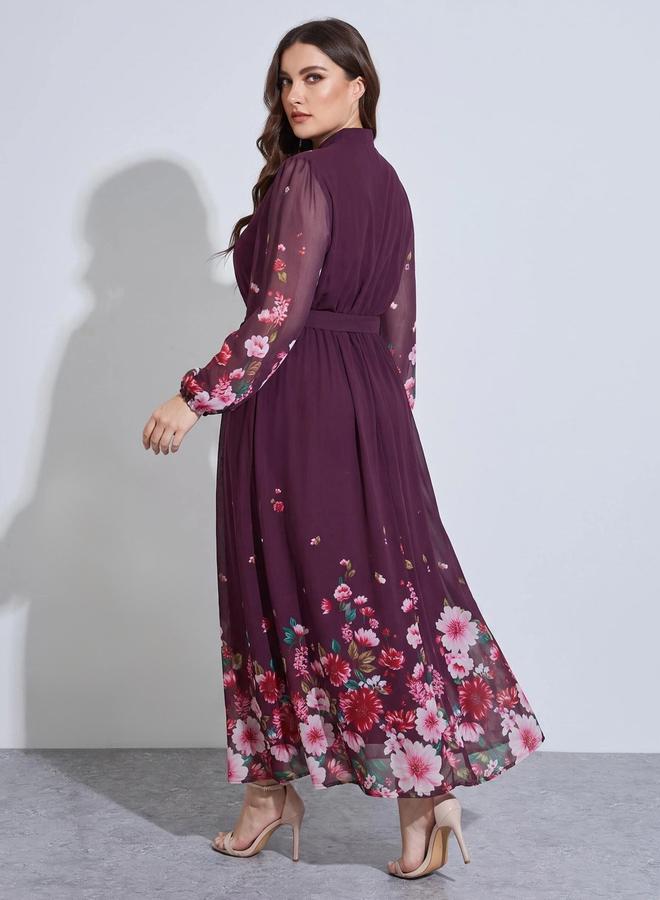Styli Plus Size Multi-Color Floral Print Tie-Up Waist A-Line Maxi Dress - Image 4