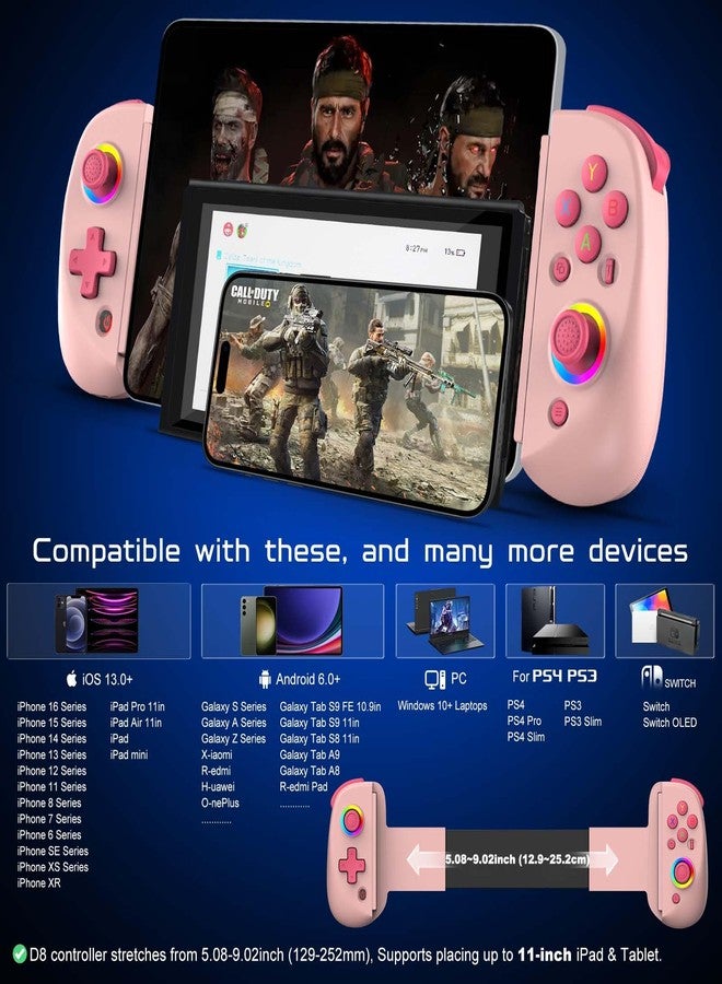 Joso Mobile Gaming Controller for iPhone/iPad/Tablet, Android Wireless Controller with Hall Effects Joysticks, Support PC/Switch, Play Cloud Games/PS Remote Play/COD/Genshin Impact & More - Pink - Image 3
