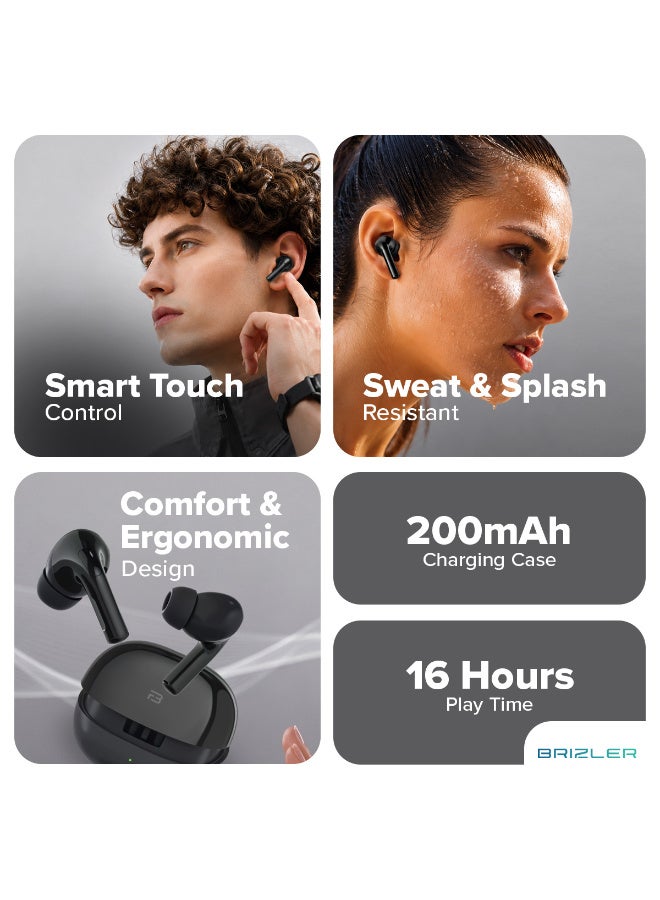 بريزلر سماعات أذن لاسلكية بالكامل (TWS) بتقنية Bluetooth v5.4، تتميز بمكالمات فائقة الوضوح، وجودة صوت ممتازة، وتصميم مريح، مع وقت تشغيل إجمالي يصل إلى 16 ساعة - اللون الأسود. - Image 2