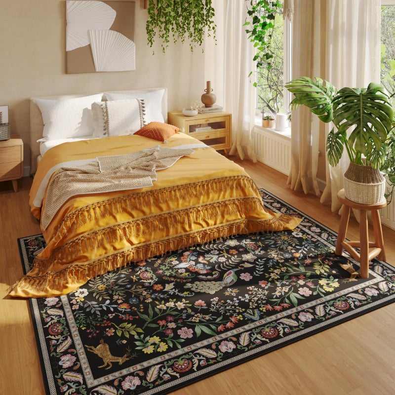 Rugcomf Living Room Rug 6x9 Rug Machine Washable Area Rug Floral Non-Slip Low Pile Large Rug for Living Room, Bedroom, Farmhouse, Dining Room, Kids Playroom (Vibrant Black) - Image 4