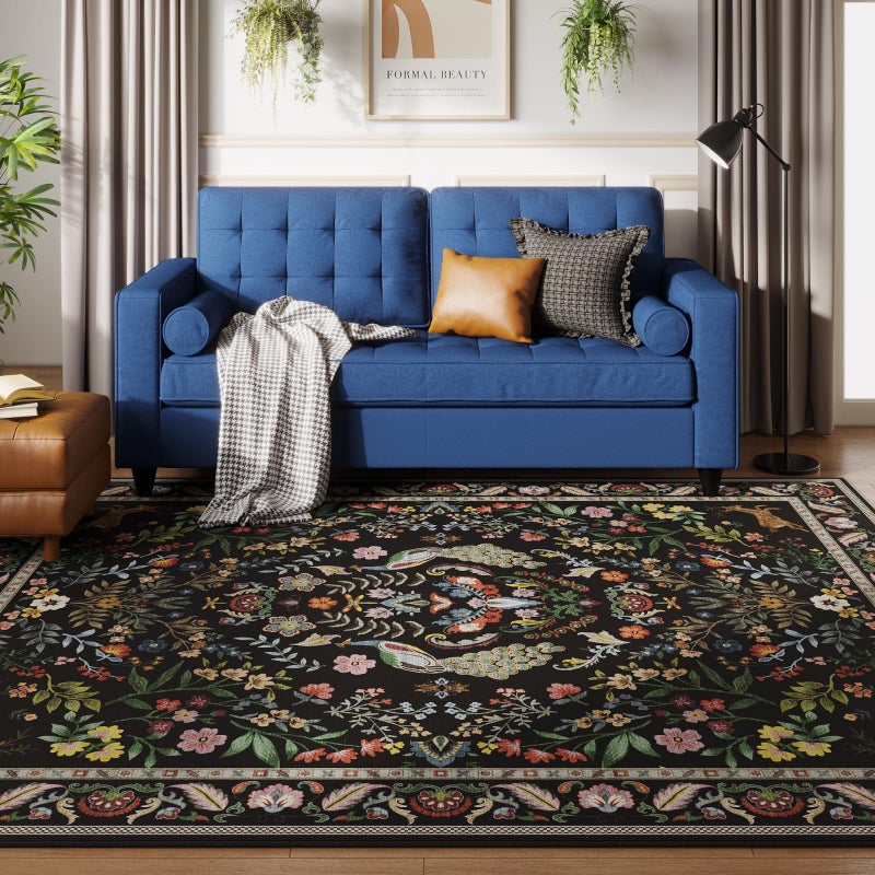 Rugcomf Living Room Rug 6x9 Rug Machine Washable Area Rug Floral Non-Slip Low Pile Large Rug for Living Room, Bedroom, Farmhouse, Dining Room, Kids Playroom (Vibrant Black) - Image 3