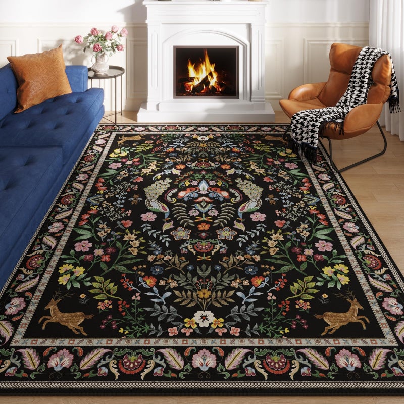 Rugcomf Living Room Rug 6x9 Rug Machine Washable Area Rug Floral Non-Slip Low Pile Large Rug for Living Room, Bedroom, Farmhouse, Dining Room, Kids Playroom (Vibrant Black) - Image 1