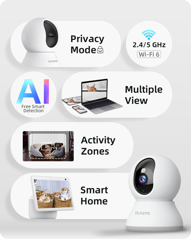 blurams 5G Cameras for Home Security, 2K Pet Camera with Phone App, 360Â° PTZ Indoor Camera w/Dual-Band WiFi6, Free Human/Motion/Sound Detection, 2-Way Talk, Night Vision, Compatible with Alexa, 2Pack - Image 2