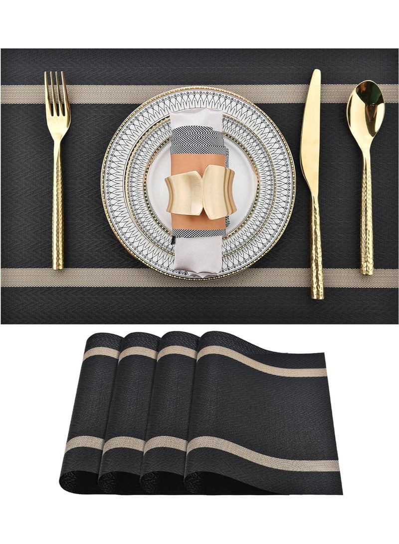 المفارش، مجموعة من 4 - سهلة التنظيف الحديثة دائم قابل للغسل الفينيل مكان الحصير - مقاومة للحرارة المفارش لطاولة المطبخ - بك الجدول الحصير لطاولة الطعام، أسود مع المشارب - Image 1