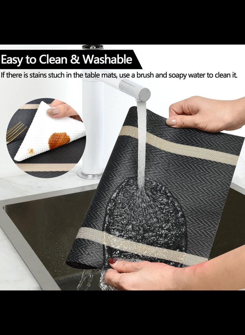 المفارش، مجموعة من 4 - سهلة التنظيف الحديثة دائم قابل للغسل الفينيل مكان الحصير - مقاومة للحرارة المفارش لطاولة المطبخ - بك الجدول الحصير لطاولة الطعام، أسود مع المشارب - Image 4