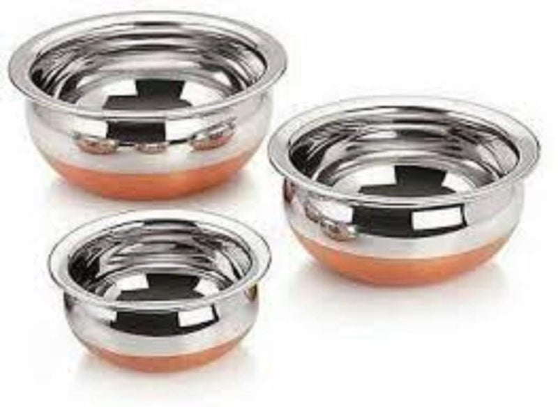 DHRUVISHMETAL 3piece Copper Bottom Handi 13 cm 15 cm 17 cm Diameter with 750ml 950ml 1250ml Capacity  - Image 2