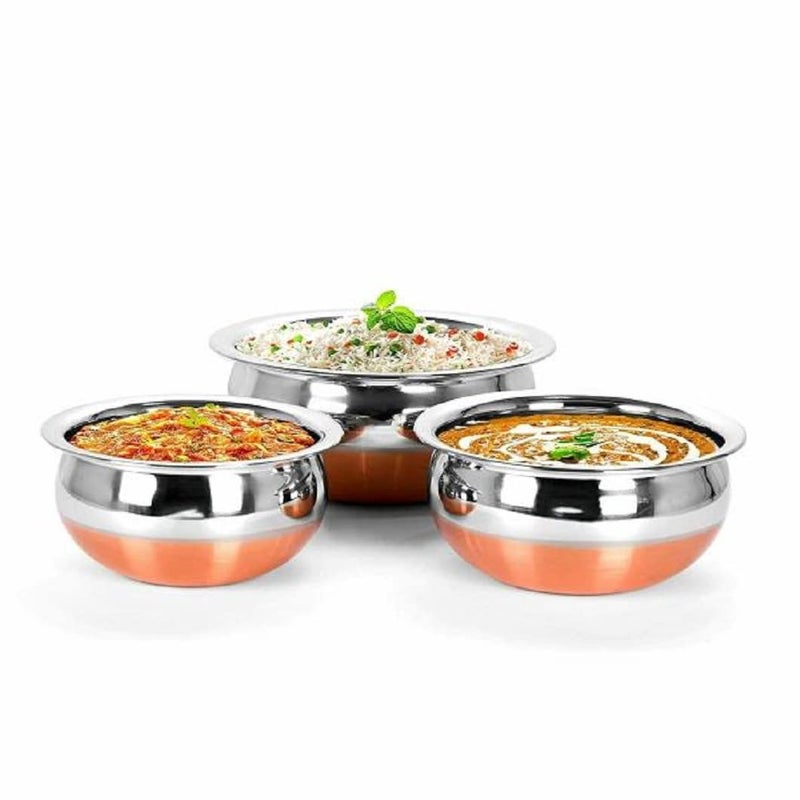 DHRUVISHMETAL 3piece Copper Bottom Handi 13 cm 15 cm 17 cm Diameter with 750ml 950ml 1250ml Capacity  - Image 1