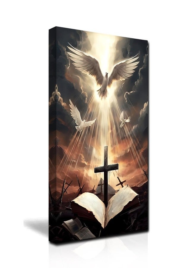 CXHOSTENT Holy Bible Canvas Print: The Cross & Dove of Peace - Framed Wall Art for Prayer Room & Church Decor (12.00"x18.00") - Image 1