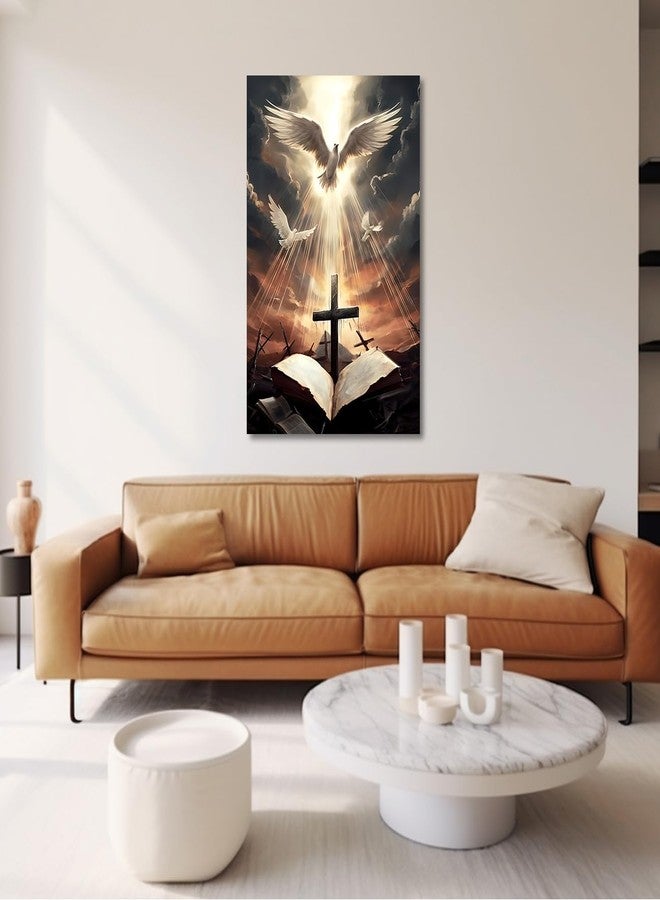 CXHOSTENT Holy Bible Canvas Print: The Cross & Dove of Peace - Framed Wall Art for Prayer Room & Church Decor (12.00"x18.00") - Image 2