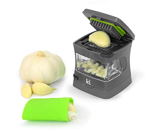 Kitchen Innovations GarlicAPeel Garlic Press Crusher Cutter Mincer and Storage Container  Includes Silicone Garlic Peeler  Easy to Clean  Stainless Steel Blades  Grey standard