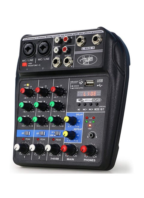 4 Channel Mixer, DJ Mixing Console, with Bluetooth, 48V Phantom Power Monitor Karaoke System USB Mixer Audio