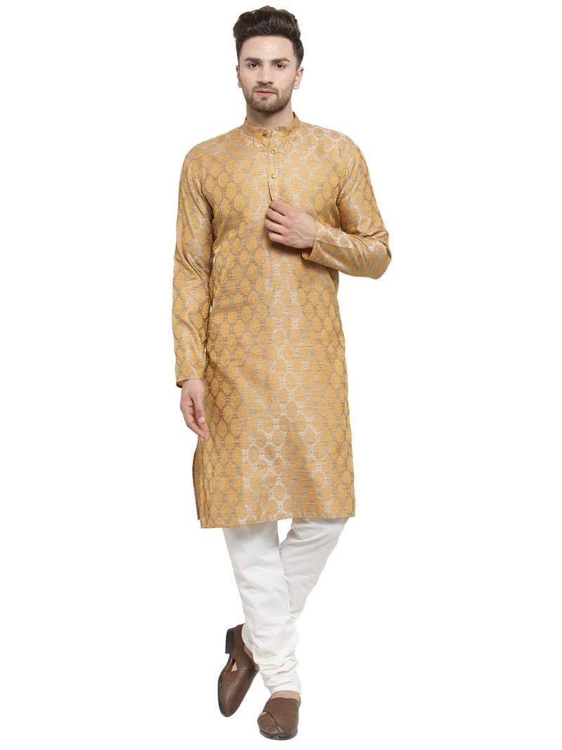 Jompers Men's Jacquard Silk Kurta and Pyjama(Silver,M) - Image 1
