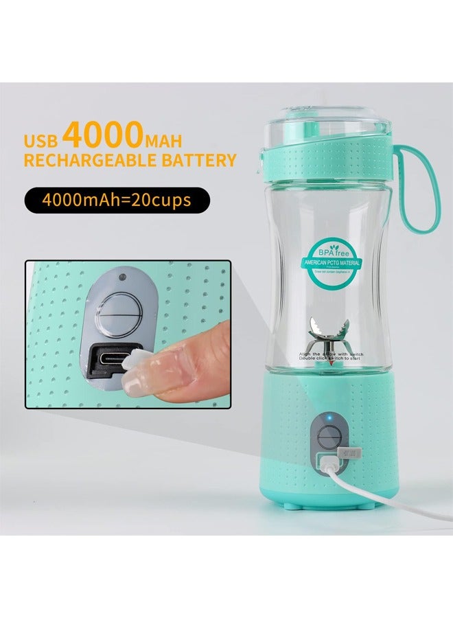 Portable Juicer Blender for Shakes and Smoothies,USB Rechargeable Personal Blender with 6pcs 3D Blades,Strong Blending Power,13.5Oz & Cleansing Brush for Travel,Office and Sports - Green