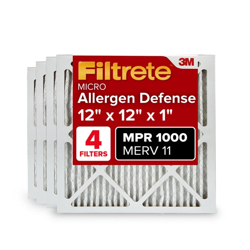 FILTRETE Filtrete 12x12x1 AC Furnace Air Filter, MERV 11, MPR 1000, Micro Allergen Defense, 3-Month Pleated 1-Inch Electrostatic Air Cleaning Filter, 4 Pack (Actual Size 11.81x11.81x0.81 in)  - Image 1
