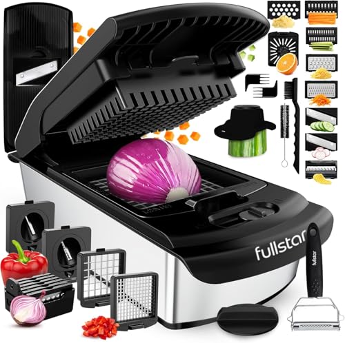 Fullstar فولستار الشيف المحترف الأصلي - قاطع الخضار ومقشر، قاطع الطعام مع حاوية، قاطع الفواكه، أدوات المطبخ والهدايا، أساسيات المنزل (14 في 1، فضي) - Image 1