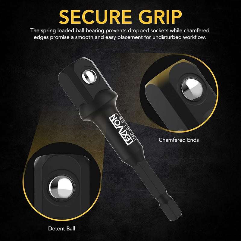 LEXIVON Impact Grade Socket Adapter Set, 6" Extension Bit With Holder 3-Piece 1/4", 3/8", and 1/2" Drive, Adapt Your Power Drill To High Torque Impact Wrench (LX-102) - Image 2