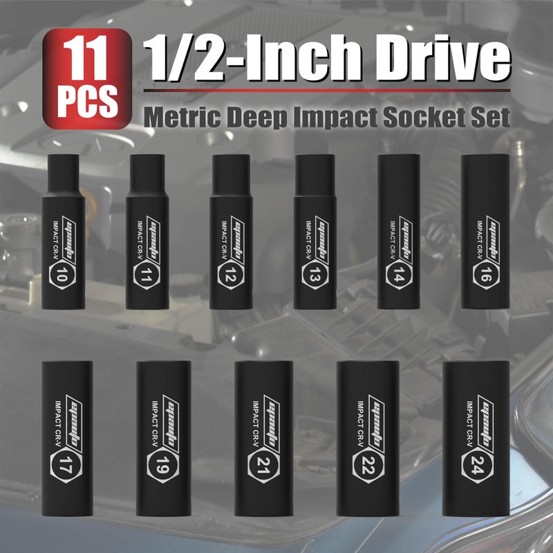 EPAuto 1/2-Inch Drive Metric Deep Impact Socket Set, Cr-V, 6 Points, 11 Sockets - Image 3