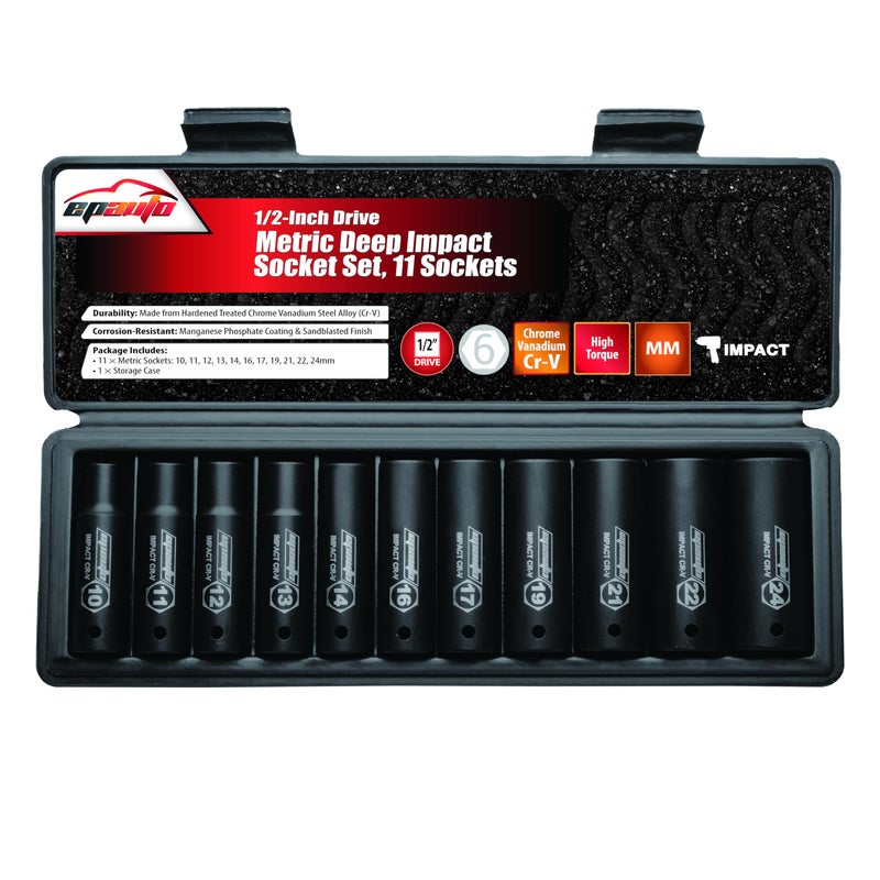 EPAuto 1/2-Inch Drive Metric Deep Impact Socket Set, Cr-V, 6 Points, 11 Sockets - Image 1