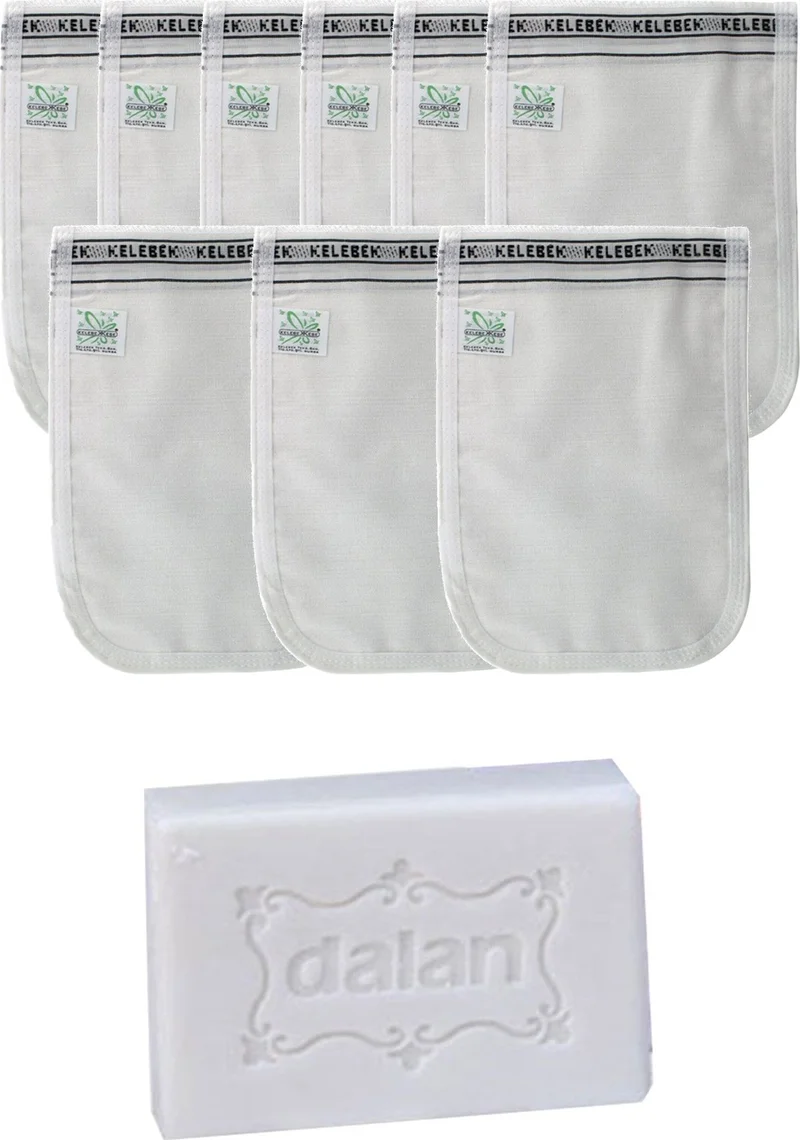 Kelebek - Invalid brand Thin Standard White Bath Bag with Tie 9 Pieces + Dalan Sultan Hamam Natural Bath Soap 200 gr